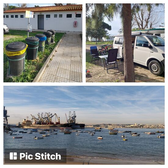 Unteres Bild: Blick über den Tejo Richtung Lissabon 
Bilder oben: Campismo Costa da Caparica, es gibt hier ausnahmsweise einmal Mülltrennung  im Hintergrund ein einfaches Sanitärgebäude.
Unser Bully erweist uns nun bereits seit 4 Monaten gute Dienste, wir ertappen uns jedoch immer öfter, dass wir von zu Hause träumen, insbesondere von unserem schönen Badezimmer.
