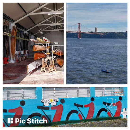 Rudern in Lissabon- für mich als Ruderin sehr interessant die vielen alten Holzklinkerboote zu sehen, gefühlt sind die Portugiesen recht sportlich unterwegs viele Jogger und Radler begegnen uns