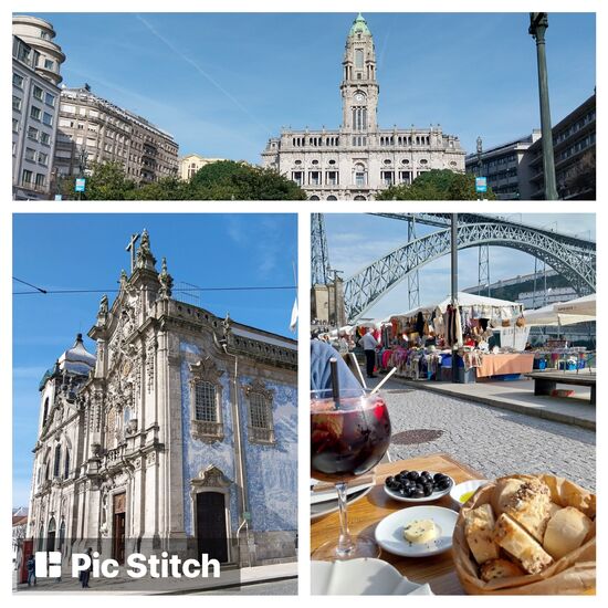 oben: Rathaus mit Prachtstraße- viele hübsche Jugendstilvillen
unten links: Igrja do Carmo-die Aussenwand der Kirche ist hübsch gekachelt
unten rechts: Cais da Ribeira-Stärkung mit leckere Sangria, Oliven, Salat...