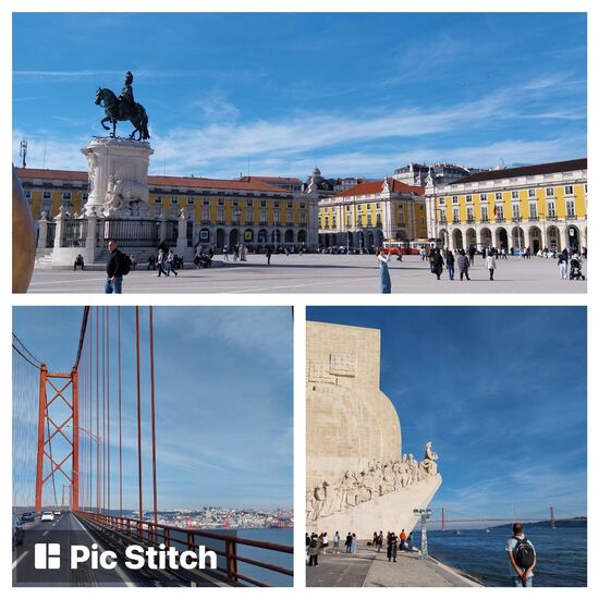 oben: Praco de Comércio- öffentlicher Platz mit zahlreichen Cafes am Tejoufer,
unten rechts: Pradao dos Descobrimentos- Entdeckerdenkmal für die Seefahrer