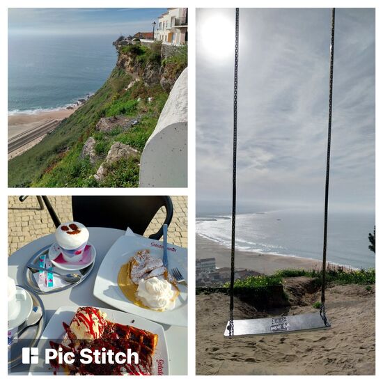 Aufstieg vom unteren Stadtteil zum oberen Teil von Nazaré- auf dem Weg hängt eine Schaukel mit toller Aussicht auf den Stadtstrand, zur Belonung gab´s nach der Wanderung super leckere Waffeln (Geletomania Nazaré)