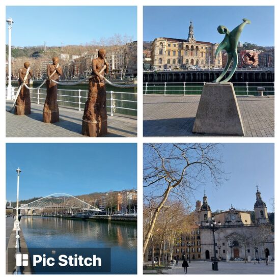 oben links: Las Sirgueras- diese Skulptur erinnert an die harte Arbeit der Treidlerinnen, die die Flosskähne flussaufwärts zogen;
oben rechts: Comemoracion Al dia del Mar-Statur vor dem Rathaus
unten links: Zubizuri (Fußgängerbrücke),
Alles in Bilbaos Innenstadt ist gut fußläufig erreichbar!