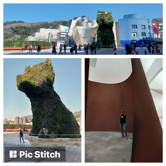 Puppy und Außenansicht des Guggenheim-Museums,
Bild unten rechts: "The matter of time"- aus witterungsbeständigem Stahl im Museum- Kunstinstallation mit vielfältigen, begehbaren Formen von Richard Serra