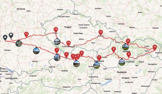 Tourverlauf der kompletten Tour durch Österreich, die Slowakei und Tschechien vom 6.6. bis 15.6.2025, zirka 3100 Kilometer sind geplant, schau mer mal wieviel es werden.