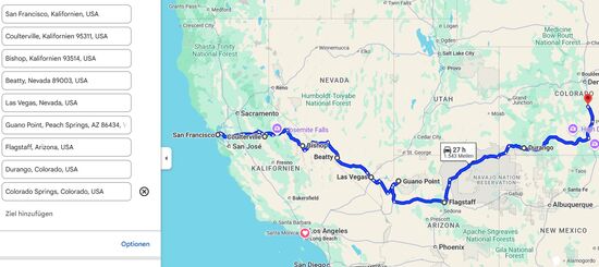 Tourübersicht von San Francisco bis zum östlichsten Punkt und gleichzeitig Wendepunkt unserer Reise in Colorado Springs auf dem Pikes Peak..