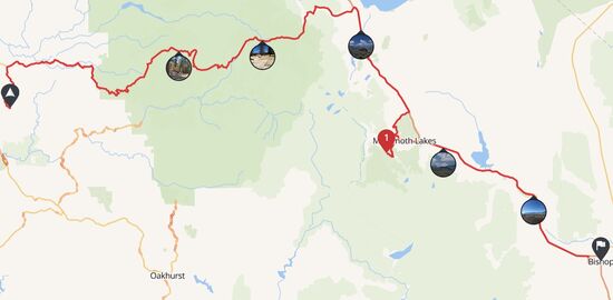Coulterville - Bishop, 278 Kilometer über den Tioga Pass und an den Mammoth Lake, an der Sierra Nevada entlang und drüber, bei Bishop ist der Mount Whitney, mit 4421 Metern der höchste Berg der USA (OK, in Kanada gibt es noch den Mount McKinley, mit 6190 Meter noch etwas höher) Soweit der Plan, leider wussten wir nicht, dass man den Tiogapass sowie auch den Yosemite Nationalpark nur mit RESERVATION befahren darf. An unserem Tag war aber ausgebucht. Also, Kehrtwende, ungefähr 200 Kilometer Umweg über den Sonora Pass. Was soll ich sagen, ein Traum von Passstraße. Fast so hoch wie der Tioga, viel weniger Verkehr und wahnsinnig schöne und gute Straßen. Kurvenreich und eine Streckenführung wie auf einer Achterbahn, viel auf und ab. Also, entweder im Vorfeld den Tiogapass buchen oder gleich den traumhaften Sonora fahren. Für uns waren es aber wegen dem hin und zurück dann eben 480 anstatt entspannte 278 Kilometer.. War schon hart aber ich denke es kommt noch härter.