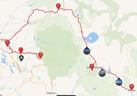 Diese 480 Kilometer sind wir dann tatsächlich gefahren. Zuerst zu Punkt 3, Eingangspforte Yosemite Nationalpark, Einfahrt verweigert, dann zurück und über Sonora und den Sonora Pass, wahrlich ein Traum Pass. Also war es schlußendlich sogar ein Gewinn, besser hätte der Tioga Pass kaum sein können.