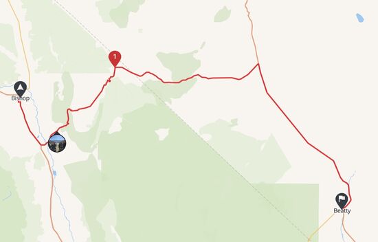 Bishop - Beatty, 248 Kilometer über den Westgard Pass nach Beatty zu Karen und Jim, bei denen wir zwei Nächte bleiben werden. Da Beatty direkt an der Zufahrt zum Death Valley liegt, hat uns Jim angeboten, gemeinsam durch den Death Valley Nationalpark zu fahren. Das ist natürlich ein Traum, mit Freunden die dort wohnen den Death Valley anzusehen bzw. zu befahren.