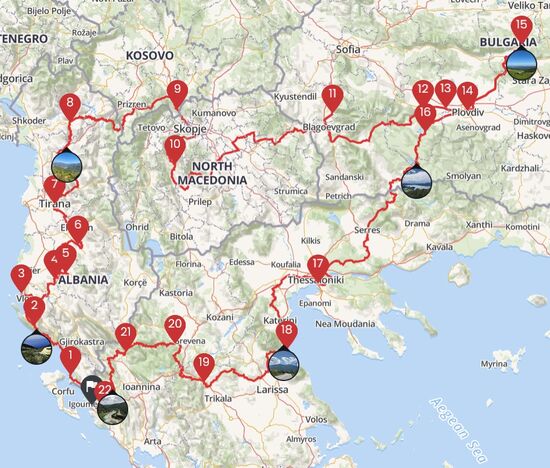 Griechenland, Albanien, Kosovo, Nordmazedonien, Bulgarien und nochmal Griechenland.