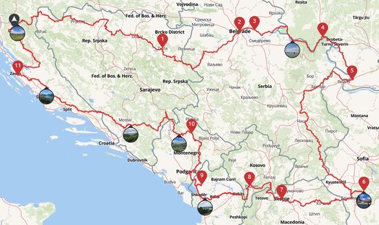 Dies ist nun eine Übersicht der endgültigen Tour, zumindest so wie Sie geplant ist. Wer weiß schon, wie die Wirklichkeit dann wird. Nachtrag : Wir haben die Tour nahezu auch so gefahren. Einzig nach Rumänien konnten wir nicht einreisen, da einer von uns seine Fahrzeugpapiere nicht im Original sondern nur als Kopie dabei hatte. Dadurch konnten wir Serbien erst wieder verlassen, nachdem die Papiere mit DHL an ein Hotel nachgesendet wurden. Die Tour war unglaublich schön, aber auch sehr anstrengend dadurch, dass wir kleinste und dadurch auch oft schlechte Straßen, teilweise Schotterstrassen befuhren und täglich immer ca. 250 bis 300 Kilometer gefahren sind.