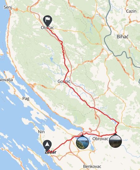 Letzter Ritt, Zadar-Otocac, noch einmal 163 Kilometer, gestartet bei morgendlichen 32 Grad um 9 Uhr, siehe Foto meines Digitaltachos.