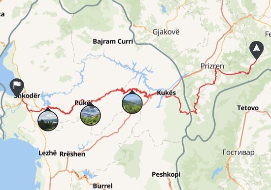 Heute von Strpce nach Shkodra, 274 Kilometer durch das Kosovarisch-Albanische Gebirge, auch Albanische Alpen genannt. So eine kurvenreiche Strecke habe ich in meinem ganzen Motorradfahrer Leben noch nicht befahren. Die Menge der Kurven hat mich und meine Freunde echt an unsere Leistungsgrenze gebracht. Ausserdem alle Sorten von Straßenbeschaffenheiten. UNGLAUBLICH.