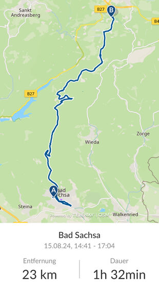 Von Bad Sachsa zum Café Forellenteich. Ca. 2:25 Stunden hat es wegen der vielen Fotopausen (ca. 55 Minuten) gedauert.