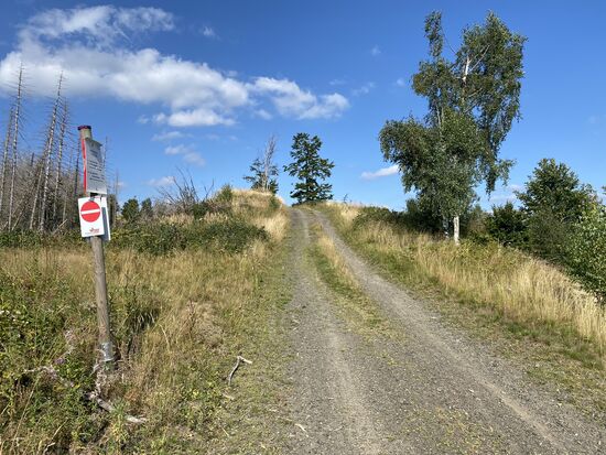 Kurzes Rätselraten. Was soll das "Einfahrt verboten" Schild hier?
Ach so, "DSV". Gilt nur für Skilangläufer im Winter. Also weiter.