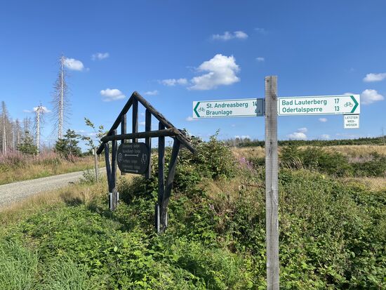 Ganz neue Wegweiser im "Nirgendwo". Und dann ist es für 17km der letzte.
Hoffentlich kommt keine Abzweigung mehr. Was ich stark bezweifle.