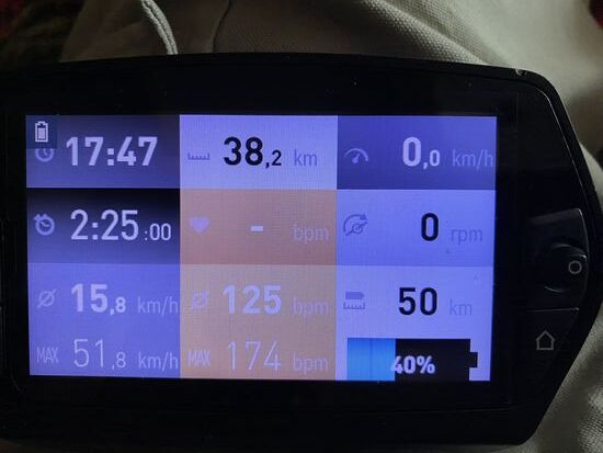 Das erklärt auch den max. Puls von 174 bpm. Der Schnitt von 15,8 km/h in Verbindung mit akkusparender Fahrweise (selten Turbo verwendet) resultiert in einem ordentlich hohen Durchschnittspuls (125 bpm).
Insgesamt habe ich auf der Tour fast 1.700 kcal verbrannt. Entsprechend groß war der Hunger danach.