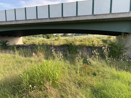 Auf der andren Seite ist ein Wasserauffangbecken. Das wird wohl der Grund für dieses Bauwerk sein. Das (Hoch-) Wasser soll auch auf die andere Seitenkommen