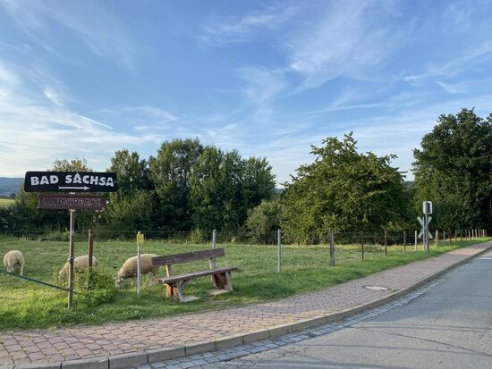 Eine Mitfahrbank. Und wenn's mal wieder länger dauert: Schäfchen zählen!