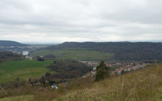 Dreiländerblick vom Hammelsberg bei Perl. Der gegenüberliegende Stroumberg gehört zu Luxemburg, dahinter schwach zu sehen: die Kühltürme des französischen AKW Cattenom. Links im Bild die Mosel an der Grenze zu Lothringen (Frankreich)