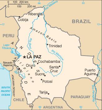 Karte von Bolivien: Von La Paz geht's suedlich nach Argentinien
Map of Bolivia: From La Paz it's going south to Argentina
