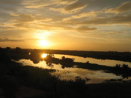 Sonnenuntergang uber der Savanne und dem Paradies fuer unzaehlige Vogel- und Reptilienarten