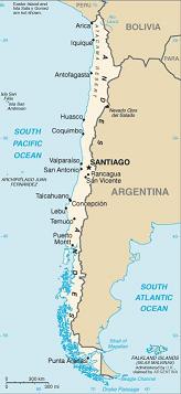 Die Karte von Chile. Ich bin in der Hauptstadt Santiago als auch an der Kueste bei Valparaiso gewesen. In der Mitte des ewig langen Landes.
The map of Chile. I have been to the capital Santiago as well as the coast at Valparaiso. That´s in the middle of the eternal long country.