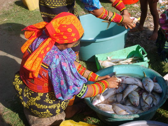 ...es gibt Fisch, auf leckerste Weise herrgerichtet von einer Kuna Frau in der typisachen Tracht...