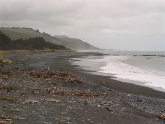 ein wunderschoener Strand mit schwarzem feinen Sand, nur leider passt das Wetter mal wieder nicht