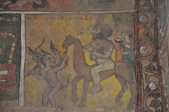 Die Selassie Kapelle in Gonder: Prophet Mohammad läßt sich auf einem Kamel reitend vom Teufel verführen- für mich einer der Höhepunkte der Reise.