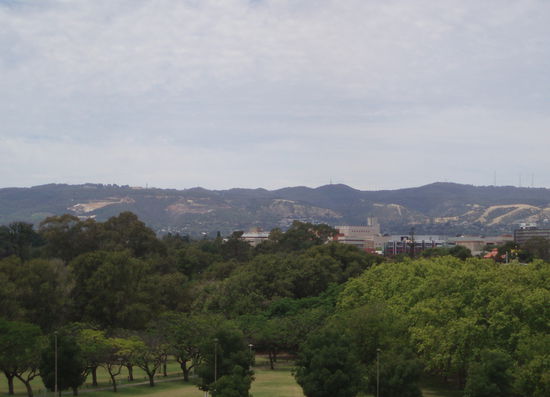 Ausblick vom Montefiore Hill auf die Adelaide Hills, die die Stadt von Norden her begrenzen. Hier befindet sich auch eine Statur von William Light, denn der Legende nach stand er auf diesem Hügel und zeigte hinunter ins Tal, um den Ort zu bestimmen, an dem Adelaide erbaut werden sollte.