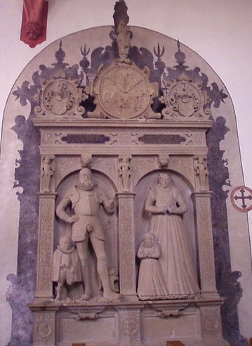 Johann V. und seine Schwester Barbara, die letzten Handschuhsheimer Ritter, die beide ohne Nachkommen verstarben, so dass die Linie endete. Die beiden sind hier am Grab ihrer Eltern als Kinder porträtiert.