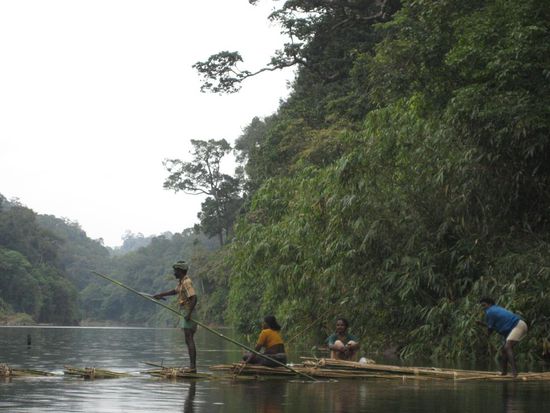 die Einheimisch schippern mit verblueffend einfachen Bambusbooten durch die Gewaesser