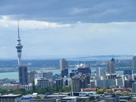 Ausblick von Mount Eden, zu sehen auch der Sky Tower, das hoechste Gebaeude der suedlichen Hemisphere, sogar 4 Meter hoeher als der Eiffelturm.