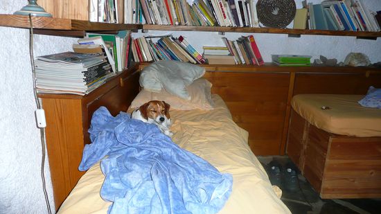 Zwei lange Holzkisten, eine dünne Matte drauf, fertig ist das "Bett". Rückenschmerzen vorprogrammiert...