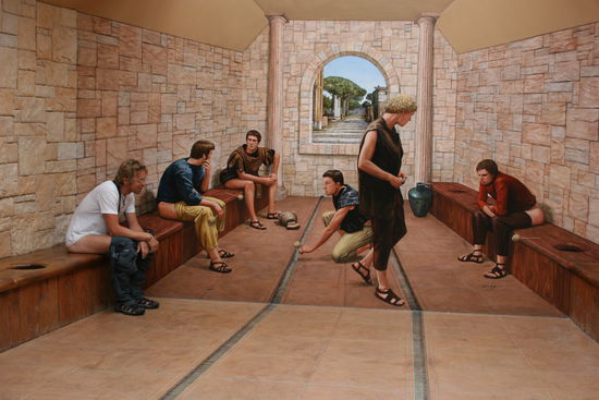 Claudio ist hier it dem alten Roemern auf der Toilette... P.S. Ist eine Illusion beim Puzzle World in Wanaka