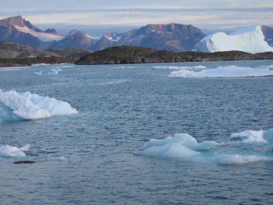Ausblick vom Zeltplatz auf den Fjord und vorüberziehende Eisberge.