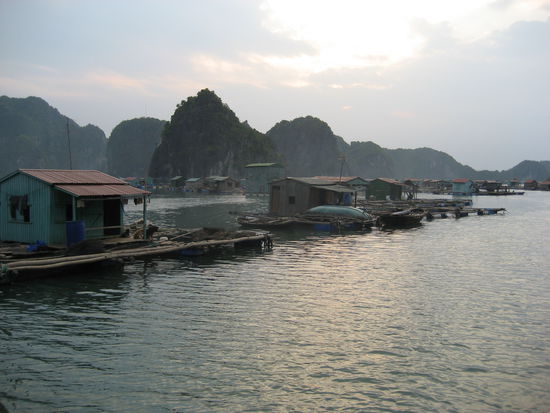 Das sind einige der um Cat Ba liegenden schwimmenden Haeuser, ist sozusagen ein Dorf am Wasser