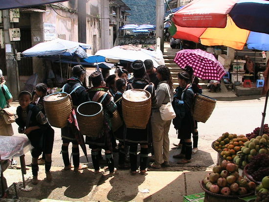 Eine Touristin, umlagert von ca. 10 schwarzen Hmong - das ist normal in Sapa. Da muss man durch ! (Man kann sich aber auch total desinteressiert zeigen, dann lassen sie einen in Ruhe)