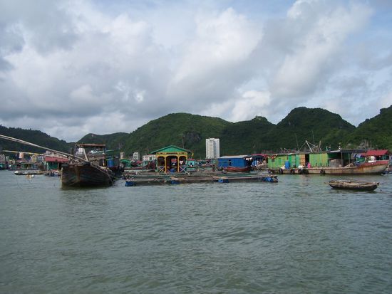 Cat Ba town vom Wasser aus gesehen. Der weiße Klotz im Hintergrund ist mein Hotel.
