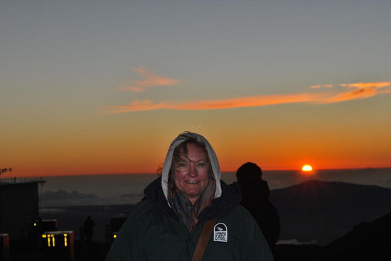 Und wir frieren uns hier oben jetzt echt den A... ab. Trotz arktis-tauglichem Parka, Handschuhen (mit Spezial-Fingerkonstruktion, um trotzdem Auslöser von Kameras problemlos drücken zu können - man ist halt in Amerika...), 2 Kapuzen, Fleecejacke und Schal. It´s fu...ing-freezing ! Von den Teleskopen platzt das Eis ab und wir bibbern.