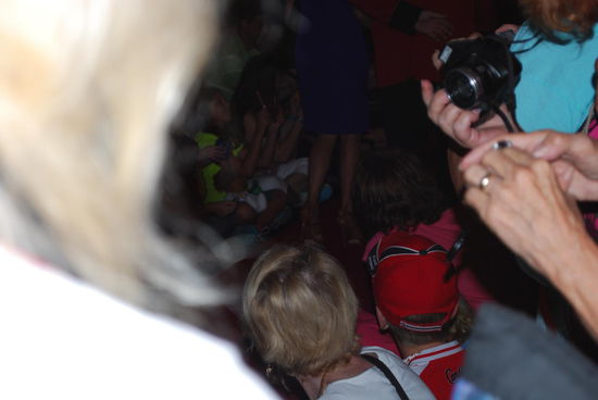 So muss man sich das vorstellen ! Die Nachrichtenmoderatorin und der hauptberufliche duck master schreiten auf dem roten Teppich den Enten hinterdrein und ca. 200 Menschen drängeln sich um den Teppich, den Springbrunnen, auf den Treppen, um einen Blick auf die kleinen Entchen zu erhaschen. Fotografieren fast unmöglich ! Und wie man sieht: Auch ich habe nur das "Fahrgestell" der Fernseh-Tussi auf´s Bild bekommen und keine Ente.