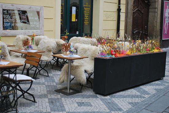 Es ist natürlich schon Mittag vorbei und angesichts dieses gemütlichen Cafés gerate ich schon in Versuchung, mich hier für etwas Essbares niederzulassen, aber trotz der Schaffelle droht dies, zu einer kalten Angelegenheit zu werden, also weiter...