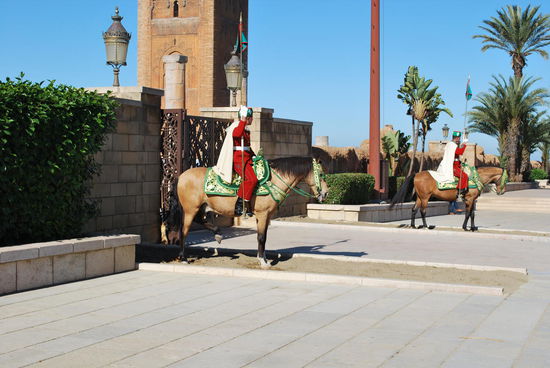 Vorbildlich: Die Pferde haben ein kleines Sand-Areal zum Scharren und Trappeln. Man ist sehr pferdefreundlich in Marokko. Nach einer Stunde werden sie abgelöst, natürlich auch die Reiter bzw. Wächter.