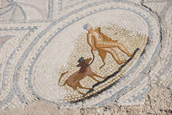 Mosaik mit etwas Wasser von der Staubschicht befreit