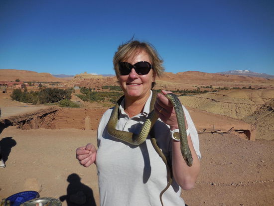 So, jetzt ist hier die allerbeste Gelegenheit, die Revival-Fotonummer durchzuziehen mit der Kobra um den Hals: Ich, 35 Jahre nach dem ersten Mal in Tetouan in Marokko mit einer Schlange um den Hals.