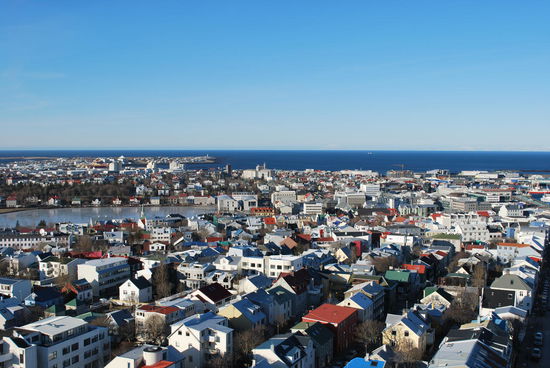 Der See im Hintergrund heisst Tjörnin und war zugefroren, die Leute konnten dort Schlittschuhlaufen. Eine Ecke wird jedoch immer mit heißem Wasser aus Geothermalquellen eisfrei gehalten, damit sich dort im Winter die Schwäne und Enten tummeln können.