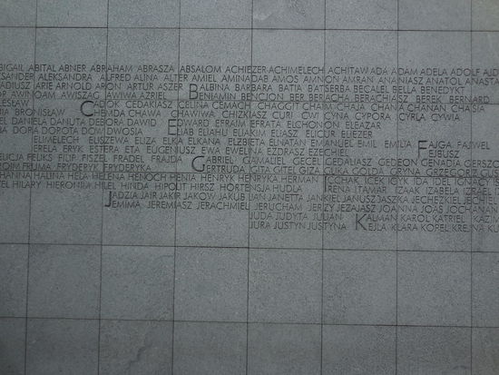 Stellvertretend für die vielen Menschen, die hier "verladen" wurden und die oft namenlos einfach verschwanden, stehen an dieser Innenwand des Denkmals jüdische Vornamen von A-Z