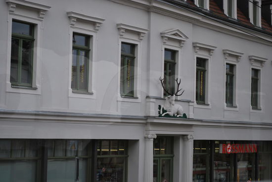 Dafür geht es jetzt in den Stadtteil Weißer Hirsch ! Benannt nach einem Lokal, das dort früher existierte. Aber man sieht: Ein weißer Hirsch thront hier über einer Drogeriemarkt-Filiale.