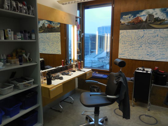 Maske - hier werden die Leute mit make-up wahrlich zugekleistert. Man durfte auch mal in einen Tiegel der sogenannten "HD-Schminke" hineingreifen. Das ist wirklich "Beton", was die Fernsehleute da so im Gesicht haben. Muss Horror sein !