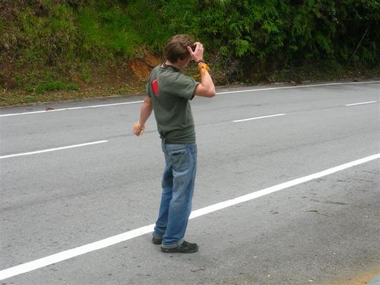da unsere beine, wie bereits gesagt, ziemlich ermuedet waren, versuchte ich mich im autostopp. und ich war sehr erfolgreich. ich stand keine minute am strassenrand und ein auto hielt an, um uns mitzunehmen